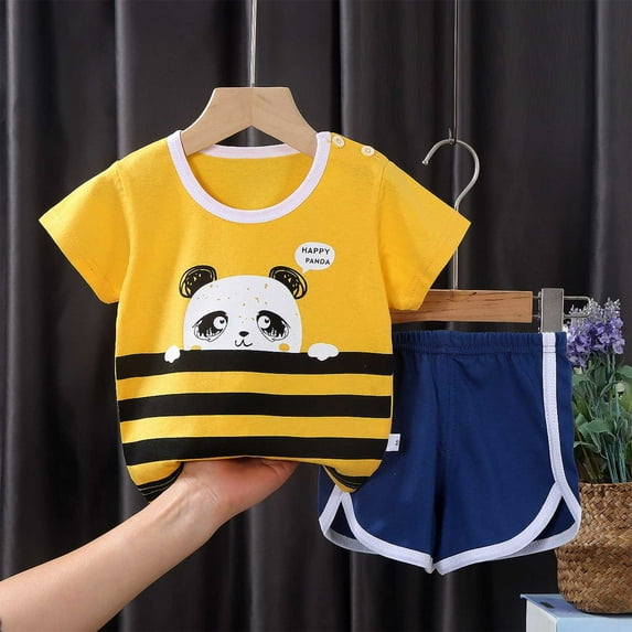 Babcutegg Summer Baby Short Shirt and Shorts Boys T-Shirt and Pants Sets Printed Round Neck Panda Athletic Outfit Set Yellow Size 110cm