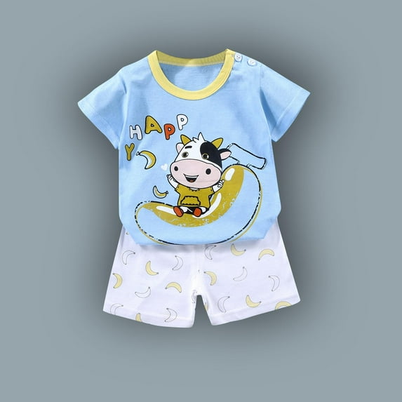 Babcutegg Summer Baby Short Shirt and Shorts Boys T-Shirt and Pants Sets Printed Tight Round Neck Athletic Outfit Set Light Blue Size 100