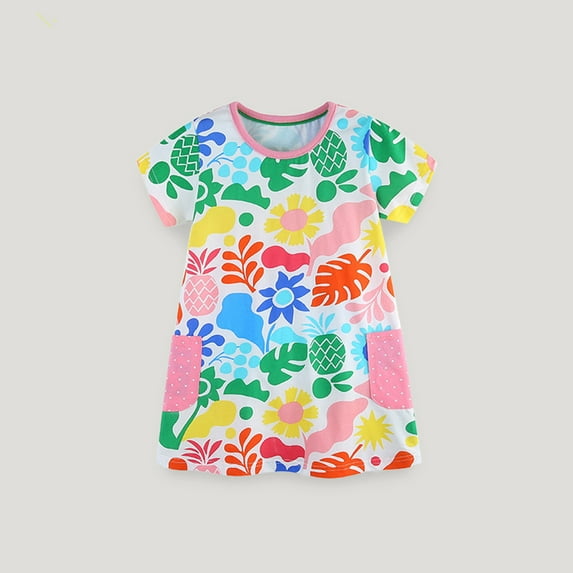 Babcutegg Summer Kids Short Shirt Dresses for Little Girls Skirts New Printed Round Neck Cotton Knitted Dress Multicolor Size 4Y