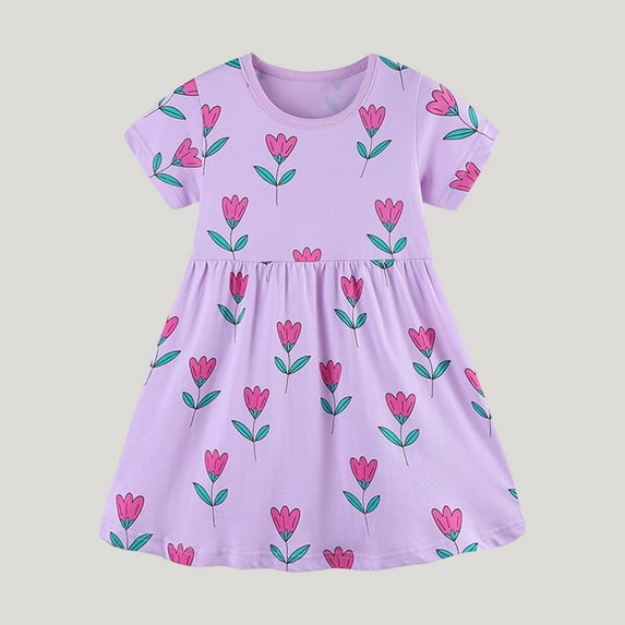 Babcutegg Summer Kids Short Shirt Dresses for Little Girls Skirts New Printed Round Neck Cotton Knitted Dress Purple Size 4Y