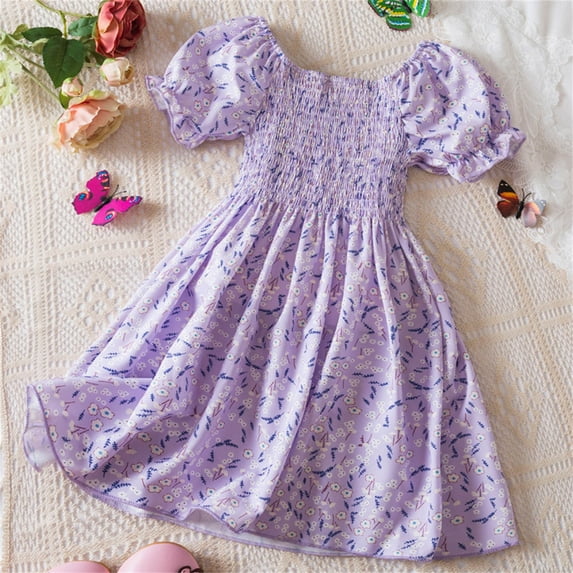Babcutegg Summer Kids Short Shirt Dresses for Little Girls Skirts New Printed Tight Round Neck Dress Purple Size 3 Years
