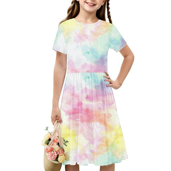Babcutegg Summer Kids Short Shirt Dresses for Little Girls Skirts Simplicity Tie Dyeing Dress Multicolor Size 5 Years
