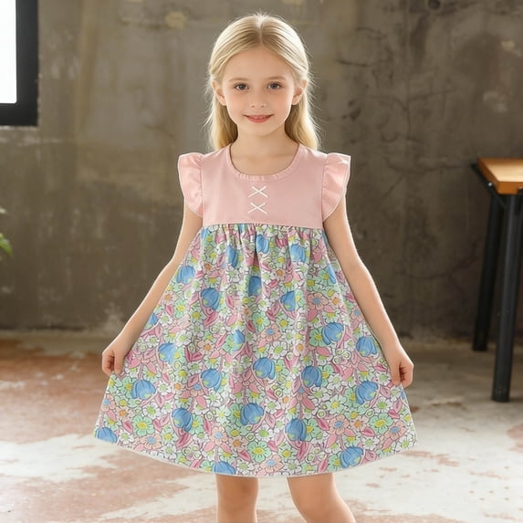 Babcutegg Summer Floral Print Round Neck Dress With Flutter Sleeves And Lightweight Breathable Fabric For Girls Pink Size 9