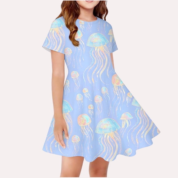 Babcutegg Summer Short-Sleeve Round-Neck Dress Featuring Playful Jellyfish Print, Lightweight Breathable Fabric And Flattering A-Line Silhouette Silver Size M