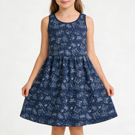 Babcutegg Summer Sleeveless Floral Dress For Girls – Lightweight Textured Cotton Blend, Breathable Mesh-Lined Design, A-Line Silhouette With Comfort-Fit Neckline Navy Size 11