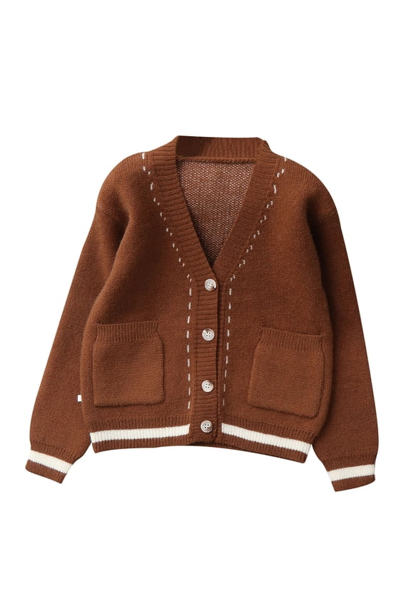 Sweaters for Kid Boys V Neck Long Sleeve Side Pockets Kid Boys Fall and Winter Clothes Brown Size 7