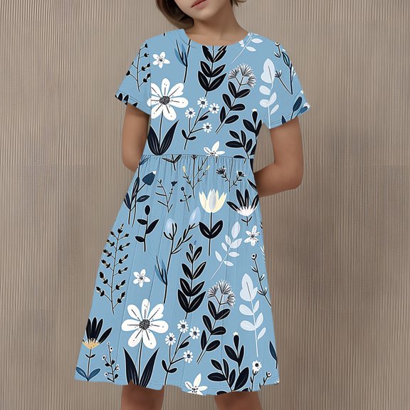 Babcutegg Teen Girls' Dress, Floral Pattern Crew Neck Short Sleeve Summer Wear Dress for Girls Multicolor 9-10T