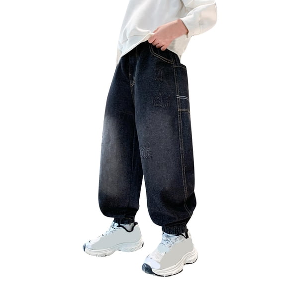 Babcutegg Teen Girls Jeans Side Pocket Wide Leg Baggy Denim Elastic Waist Fall and Winter Pants for Girls Black Size 11