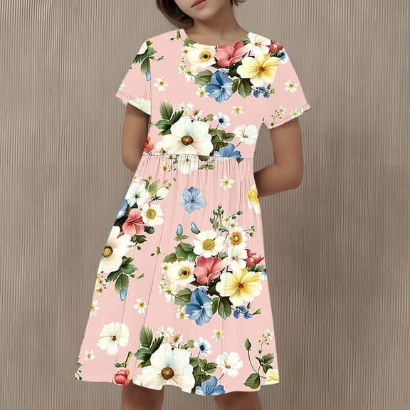 Babcutegg Teen Girls' Summer wear Dress, Graphic Pattern A-Line Crew Neck Girls' Dress Multicolor 13-14T