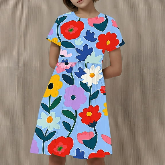 Babcutegg Teen Girls' Summer wear Dress, Graphic Pattern Crew Neck A-Line Girls' Dress Multicolor 13-14T