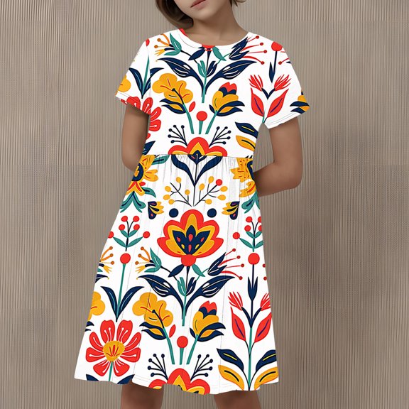 Babcutegg Teen Girls' Summer wear Dress, Graphic Pattern Crew Neck A-Line Girls' Dress Multicolor 5-6T