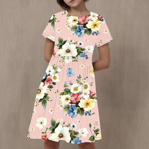 Babcutegg Teen Girls' Summer wear Dress, Graphic Pattern Crew Neck A-Line Girls' Dress Multicolor 5-6T