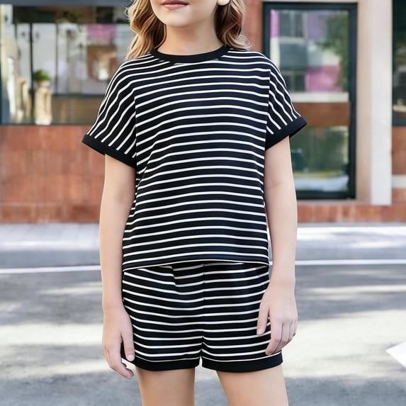 Babcutegg Toddler 2Pcs Striped Ribbed Short Sleeve Tee and Shorts Set Summer Casual Outfit Boys Girls Black Size 12M