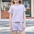 thumbnail image 1 of Babcutegg Toddler 2Pcs Striped Ribbed Short Sleeve Tee and Shorts Set Summer Casual Outfit Boys Girls Purple Size 3T, 1 of 8