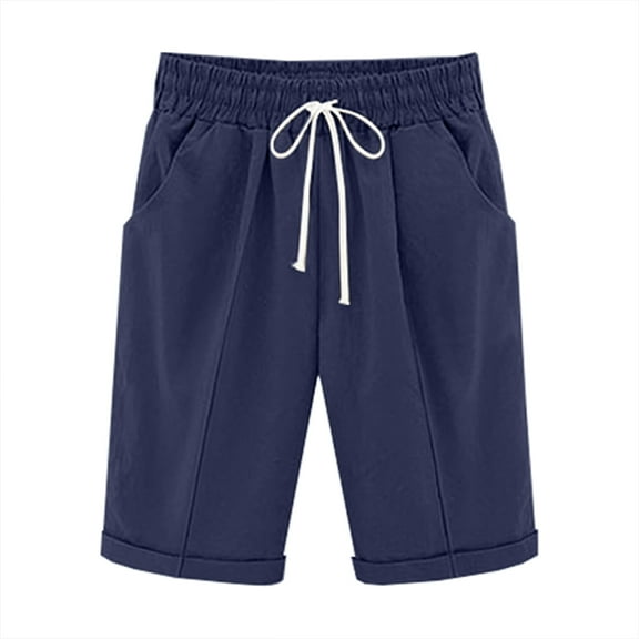 Babcutegg Women Shorts Cotton Soild Color Elastic Waist Shorts For Women Navy 2XL