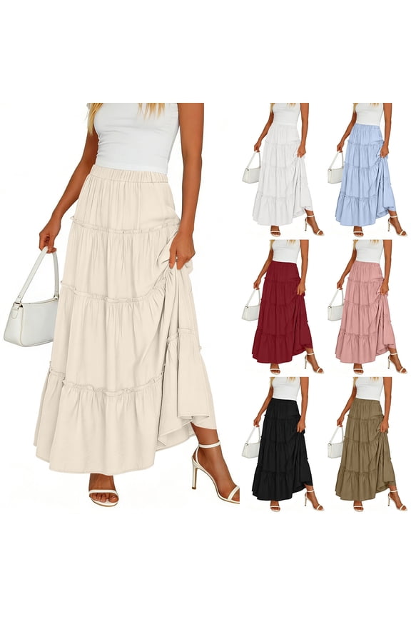 Women’s Casual A-Line Long Skirt – Solid Color Elastic Waist Flowy Midi Skirt with Pleats Red Size 2XL