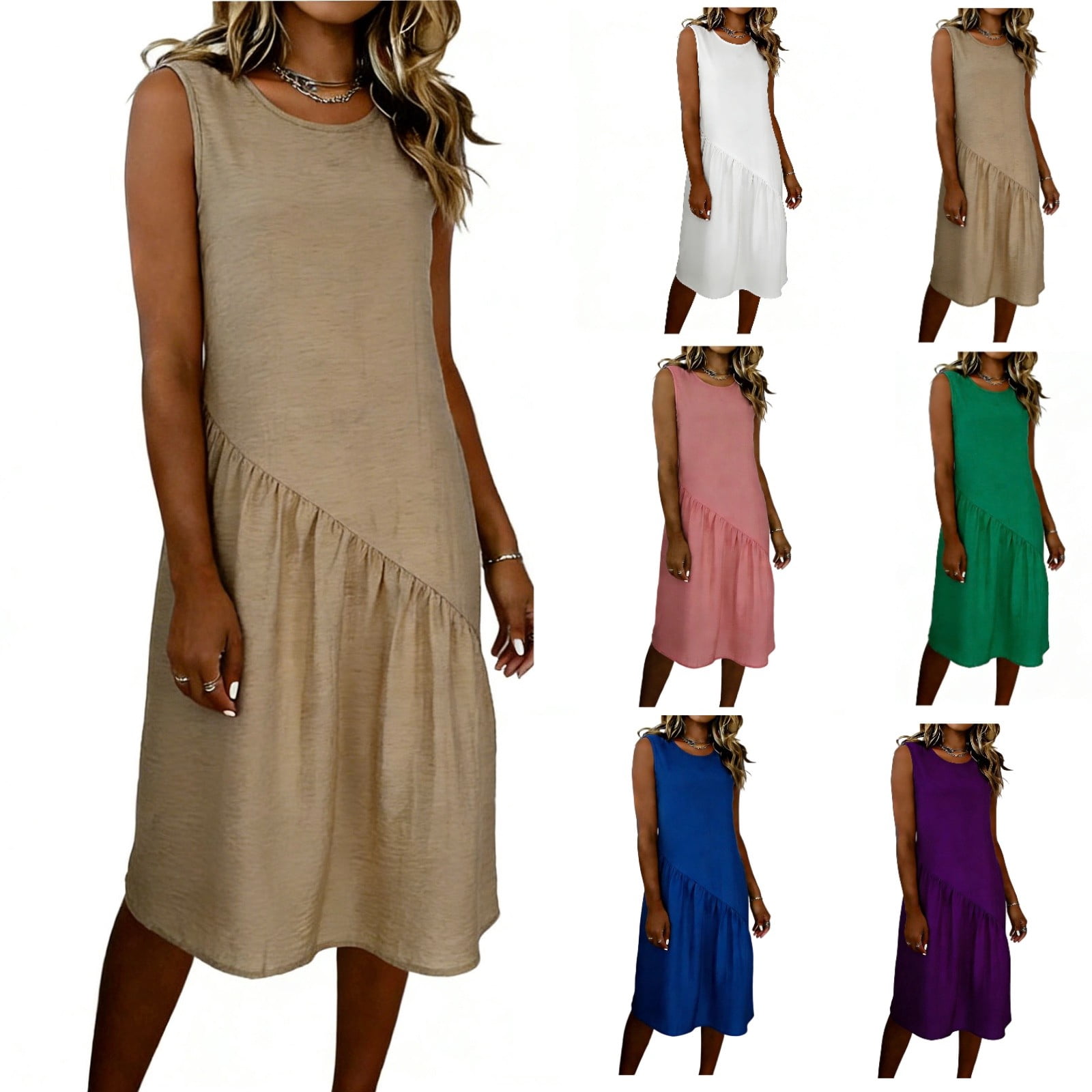 Babcutegg Women’s Casual Linen Dress – Loose Fit Multi-Color Round Neck ...