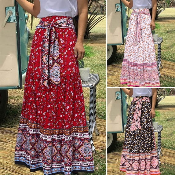 Babcutegg Women’s Casual Printed Ruched Skirt – Elastic Waist Ruffle A-Line Skirt for Beach, Boho & Summer Outfits Red Size 2XL