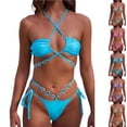 thumbnail image 1 of Babcutegg Women's Crystal Accent Bikini Set 2 Piece Solid Color Patchwork Swimsuit Halter Tie Side Bottom Vacation Bathing Suit Pink Size S, 1 of 5