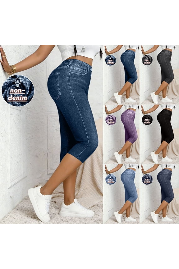 Women’s Elastic-Waist Printed Casual Pants Lightweight Imitation Denim Capri Trousers with Decorative Slanted Pockets and Breathable Cotton-Blend Fabric Light Blue Size 2XL