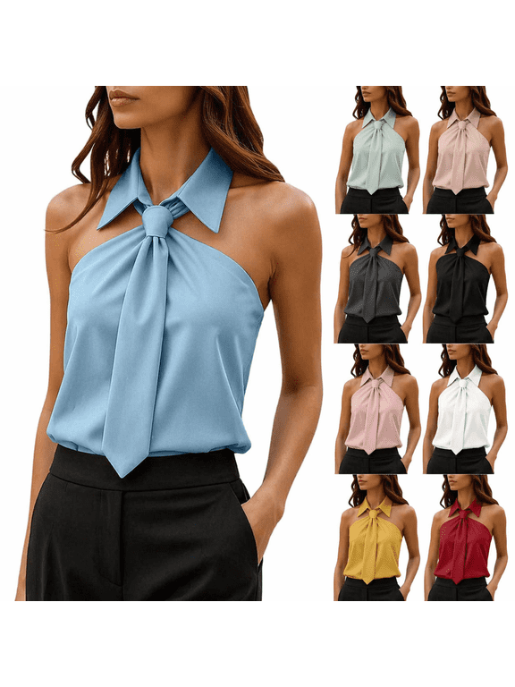 Women's Halter Neck Blouse Sleeveless Tie Neck Top Solid Color Collared Shirt Elegant Casual Summer Tops for Women White Size XL