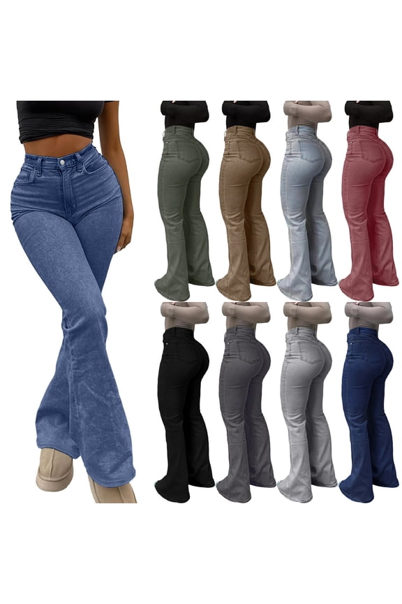 Women's High-Waisted Flared Denim Jeans Streetwear-Inspired Stretch Cotton Pants with Functional Slanted Pockets and Tailored Slim Fit Black Size S