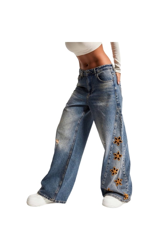 Women's High-Waisted Loose-Fit Denim Trousers Stylish Embroidered Wide-Leg Jeans with Soft Stretch Cotton Blend and Modern Straight Silhouette Blue Size S