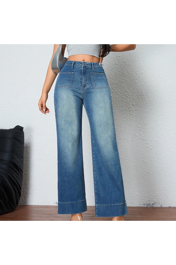 Women’s High-Waisted Straight-Leg Denim Jeans Solid-Color Stretch Cotton Blend Full-Length Pants with Slanted Pockets and Comfort Fit Blue Size XL