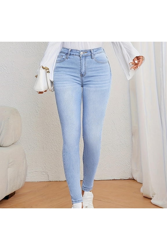 Women’s High-Waisted Stretch Denim Jeans Solid Color Straight-Leg Full-Length Pants with Functional Slanted Pockets and Comfort Fit Blue Size XS