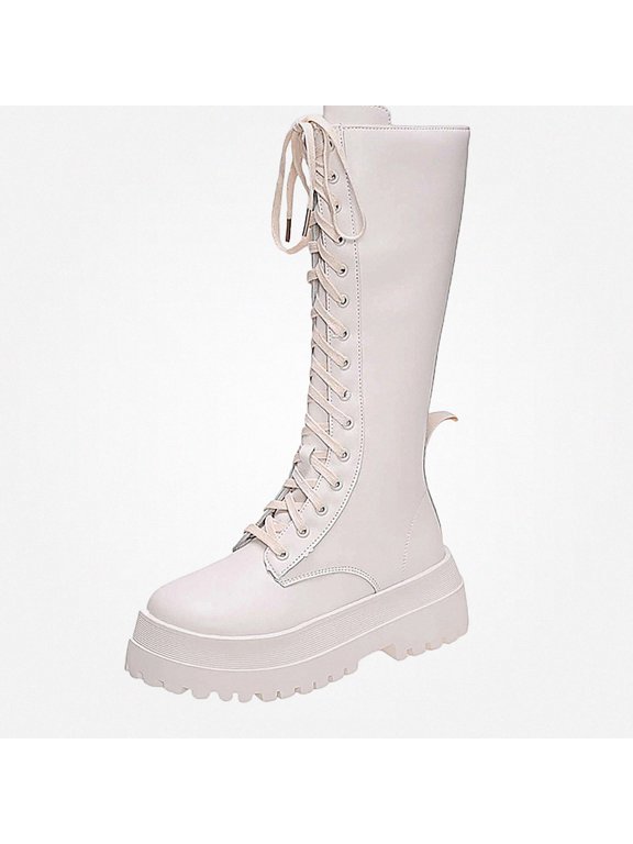 Women's Lace Up Mid Calf Boots Thick Sole Round Toe Side Zipper Versatile Comfort Casual Boots Size 6.5