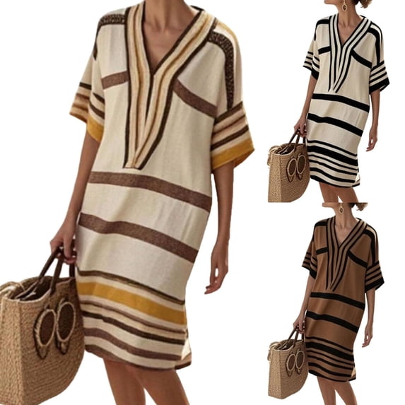 Babcutegg Women’s Linen Dress – Relaxed Vacation Style Striped Print V-Neck Midi Dress with Short Sleeves Black Size S