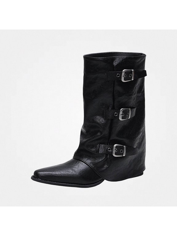 Women's Plus Size Mid Calf Boots Pointed Toe Metal Buckle Strap Versatile Comfort Boots Size 9