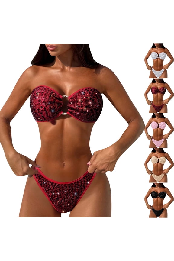 Women's Sequin Solid Bikini Set Two Piece Bandeau Tie Back Swimwear Bathing Suit White Size L