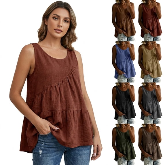 Babcutegg Women's Sleeveless Tank Tops Linen Blouse Casual Loose Fit Ruffle Tiered Flowy Summer Tunic Tops for Women Army Green Size XL