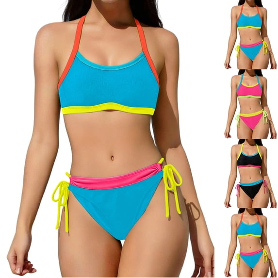 Babcutegg Women's Solid Color Lace Up Split Bikini Set 2 Piece Casual Swimsuit Bathing Suit Black Size L