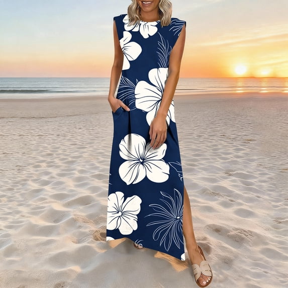 Babcutegg Women’s Solid Color Linen Dress – Sleeveless Round Neck Knee Length Casual Summer Dress Multicolor Size S