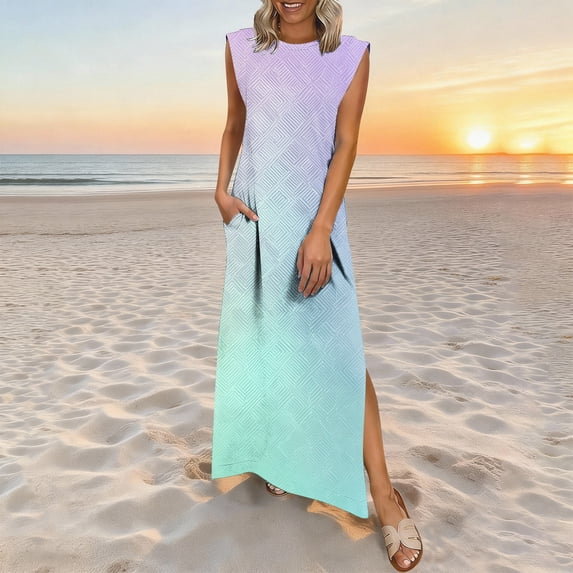 Babcutegg Women’s Solid Color Linen Dress – Sleeveless Round Neck Midi Dress for Summer Casual & Office Wear Multicolor Size M
