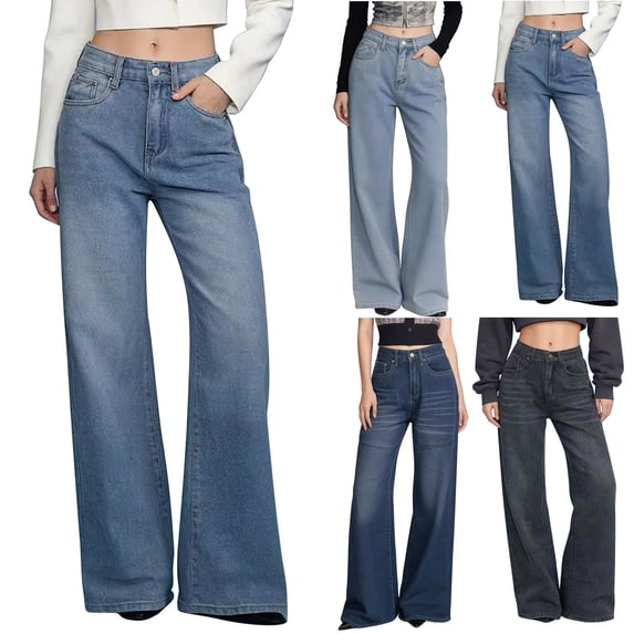 Babcutegg Women’s Spring Casual Straight-Leg Wide-Leg Denim Jeans Versatile Comfort-Fit Cotton Blend Pants with Slanted Pockets and Soft Stretch Blue Size M