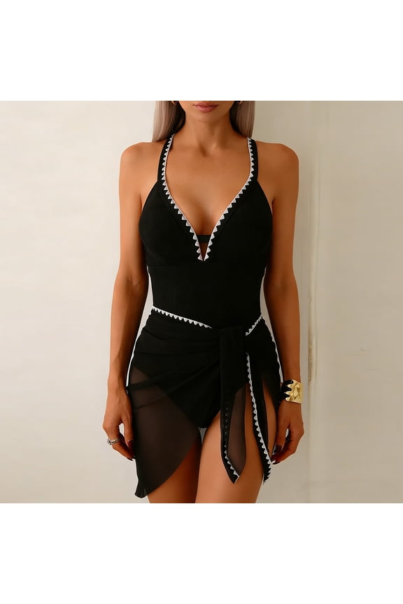 Women’s Striped and Solid Color Bikini Swimsuit with Removable Chest Pads No Underwire Halter Neck Two-Piece Swimwear Black Size L