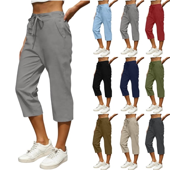 Babcutegg Women’s Summer Linen Pants – Solid Color Straight Leg Capri with Elastic Waist, Functional Pockets & Comfort Fit Khaki Size L