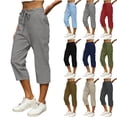 thumbnail image 1 of Babcutegg Women’s Summer Linen Pants – Solid Color Straight Leg Capri with Elastic Waist, Functional Pockets & Comfort Fit Light Blue Size 2XL, 1 of 8