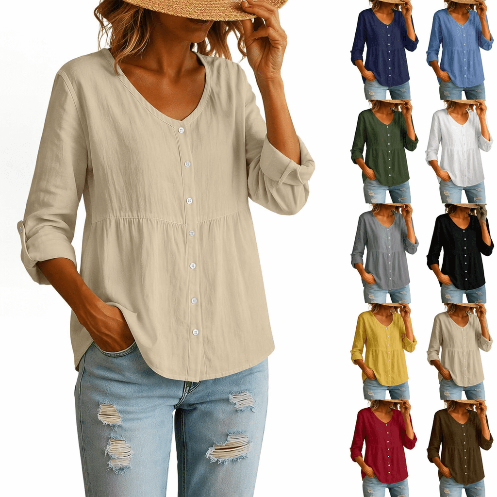 Babcutegg Women's V Neck Button Down Cotton Linen Blouse 3/4 Sleeve ...