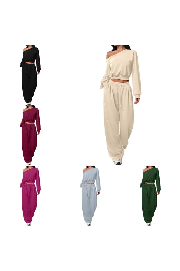 Womens Blouse and Pants Set Soild Color High Waist with Drawstring Long Sleeve One-line Collar Spring and Fall Clothes for Women Black Size S