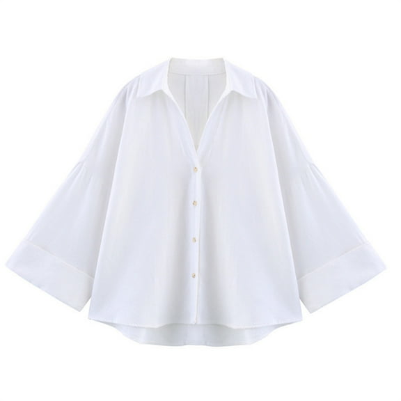 Babcutegg Womens Blouse with Button Lapel Long Sleeve Tops for Women White
