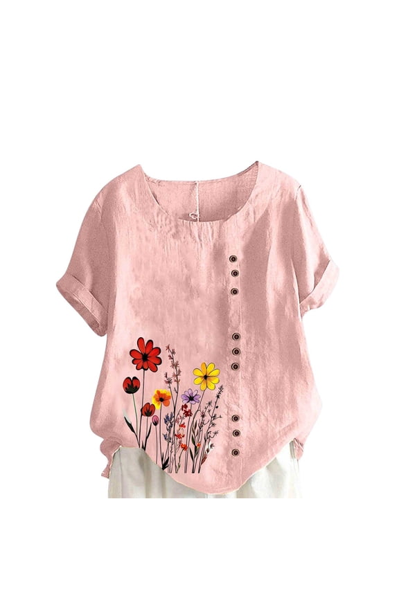 Womens Blouses Regular Fitting Cotton Linen Casual Fashion with Button Crew Neck Summer Clothes for Women Pink Size 2XL