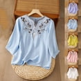 thumbnail image 1 of Babcutegg Womens Blouses Sleeve Crew Neck Cotton Linen Lightweight with Button Tops for Women Blue Size 3XL, 1 of 6