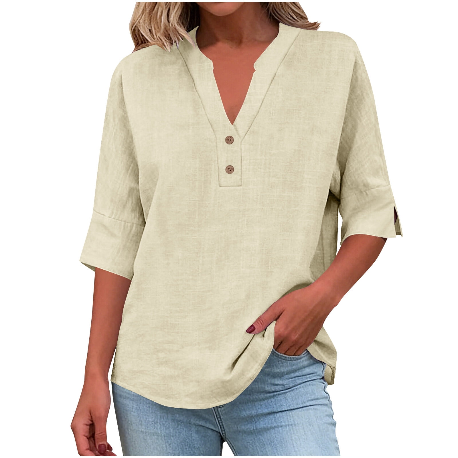 Womens Blouses Soild Color Cotton Linen Work Wear Pullover with Button Summer Clothes for Women Beige Size M