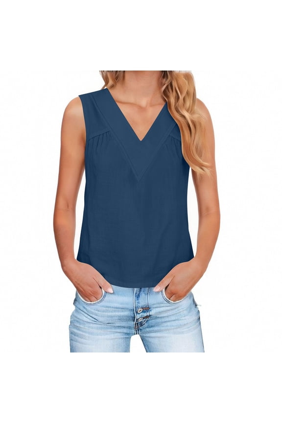 Womens Blouses Soild Color Pullover Cotton Linen Lightweight Regular Fitting Summer Clothes for Women Navy Size XL