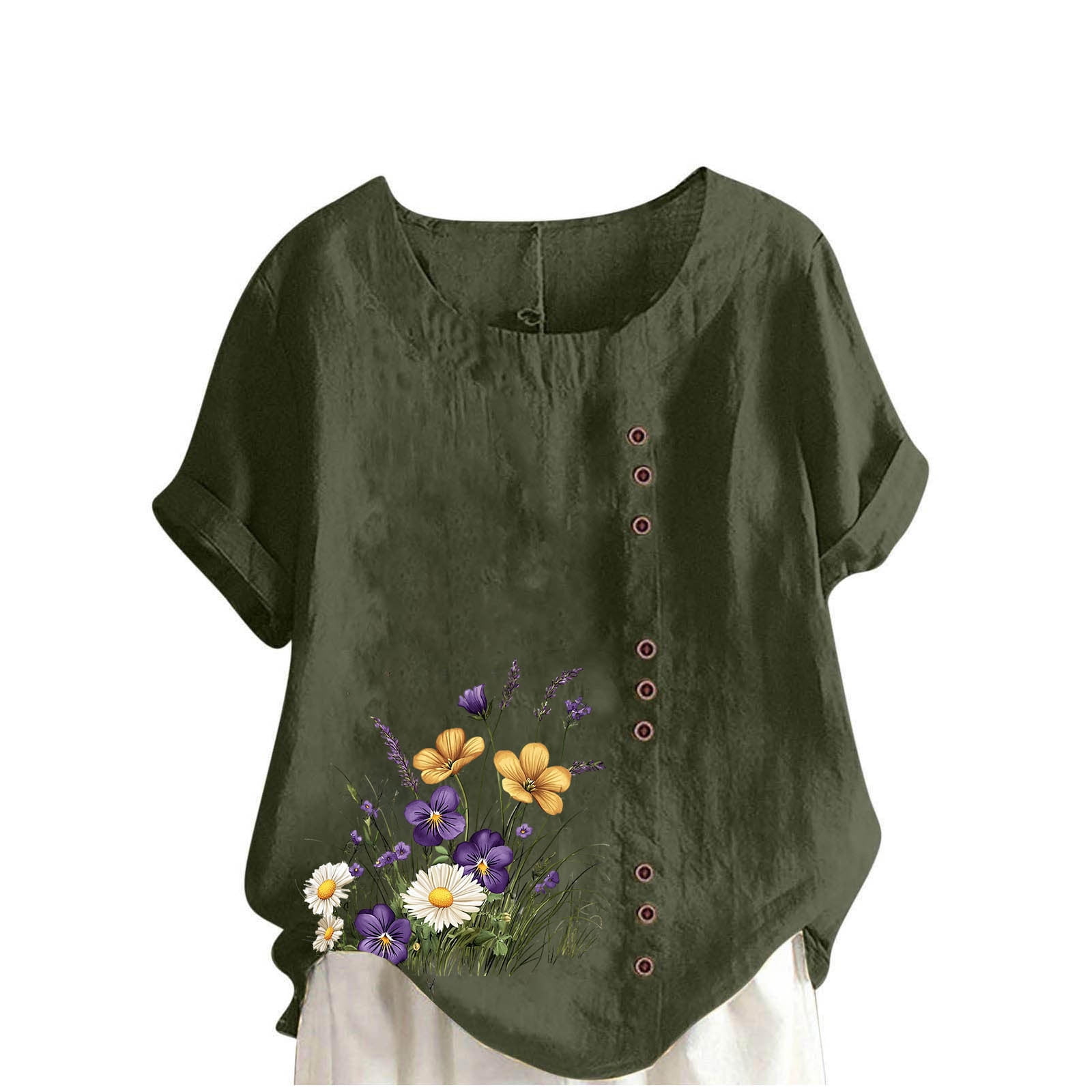 Womens Blouses with Button Regular Fitting Cotton Linen Pullover Crew Neck Summer Clothes for Women Army Green Size L