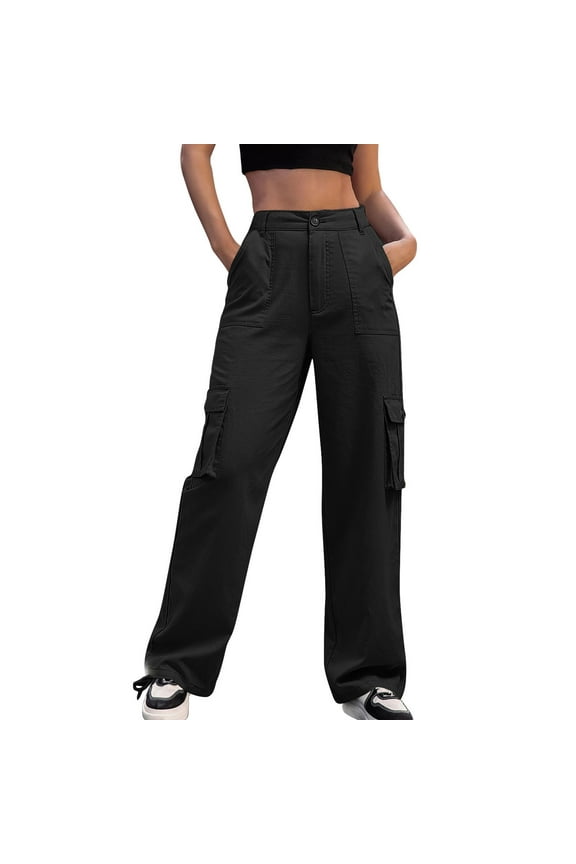 Womens Cargo Pants Wide Leg Elastic Waist Side Pockets Casual Fashion Clothes for Women Black Size M